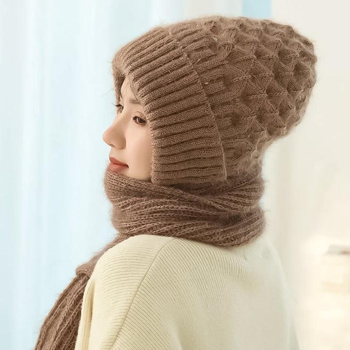 Fleece-lined windproof hat and scarf with integrated hearing protection