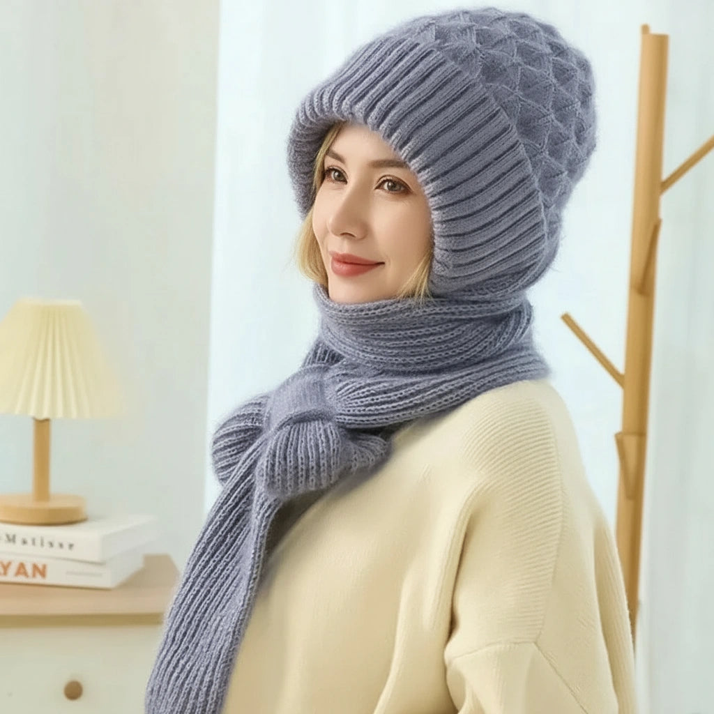 Fleece-lined windproof hat and scarf with integrated hearing protection